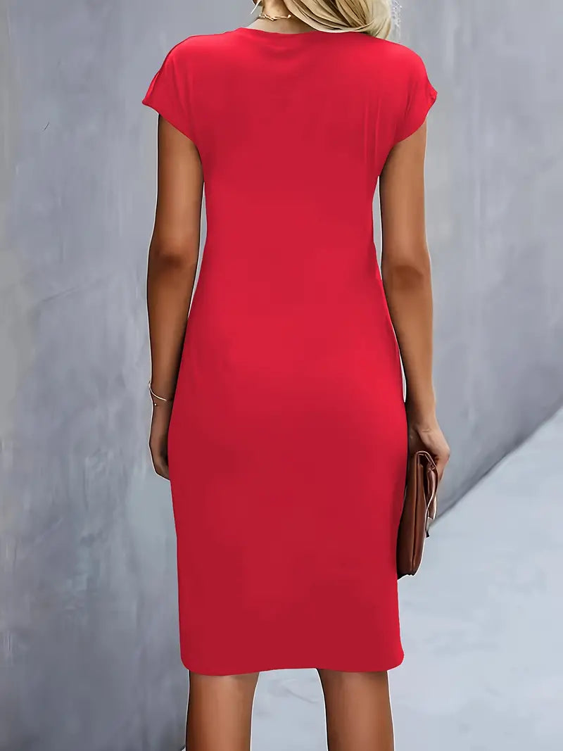 Women’s Elegant Knee-Length Sheath Dress Ruched Waist