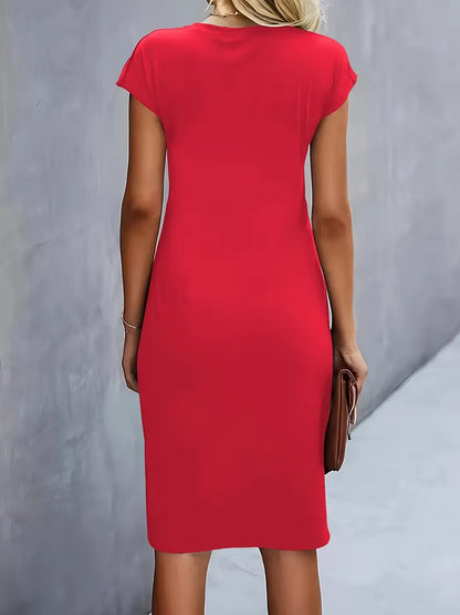 Women’s Elegant Knee-Length Sheath Dress Ruched Waist