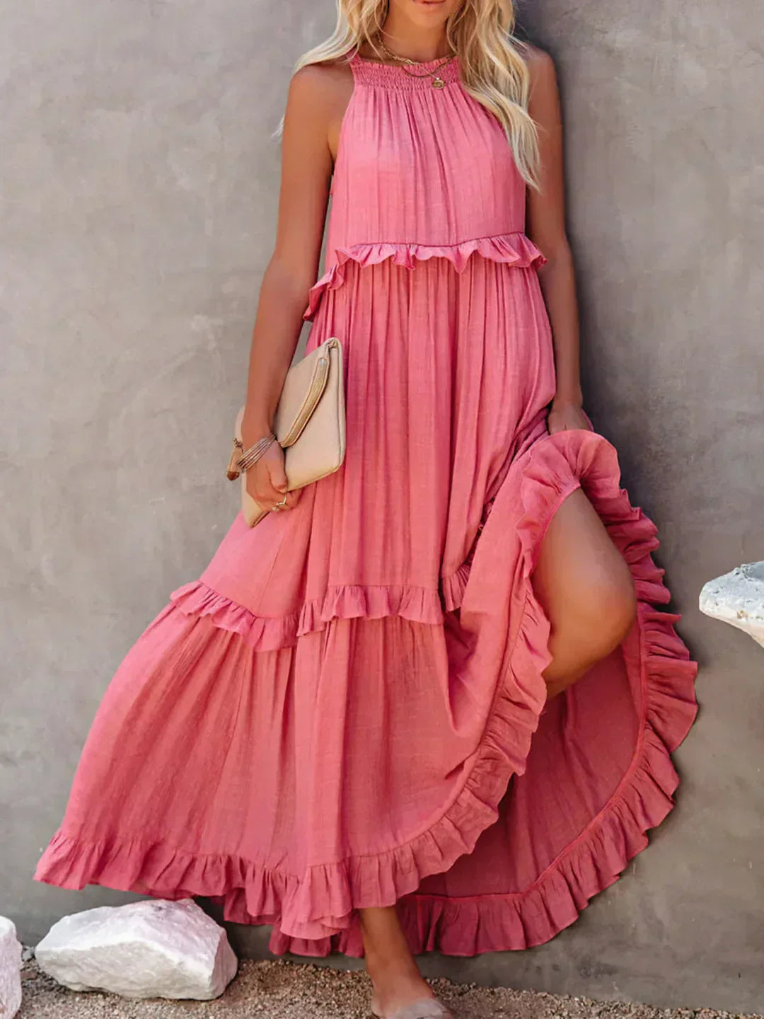 Variant image for Elegantes Rüschenblumen-Halfter-Maxikleid für Damen, Leichtes Boho Kleid Lang, Fließende Passform, Ideal für Sommer-5