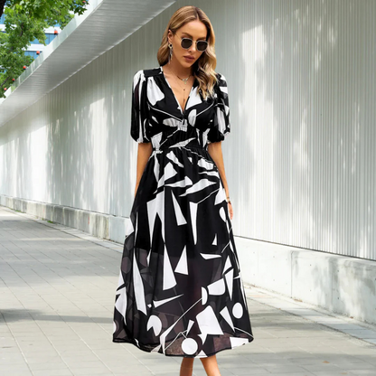 Blumen Sommerkleid Damen mit Puffärmel und V-Ausschnitt – Festliches Kleid für Hochzeitsgäste
