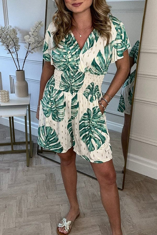 Blattdruck Damenkleid Mit Smocked Taille Für Sommerausflüge Und Strandkleidung 1