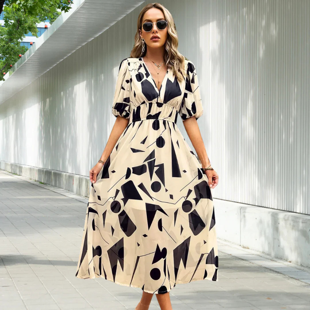 Variant image for Blumen Sommerkleid Damen mit Puffärmel und V-Ausschnitt – Festliches Kleid für Hochzeitsgäste-6