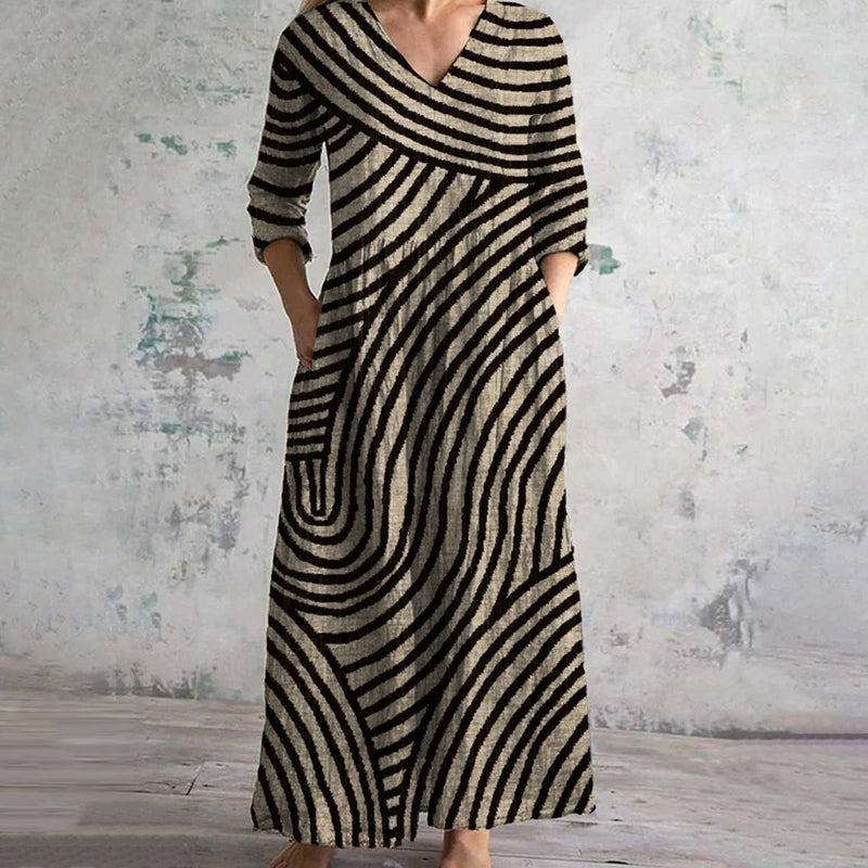 Variant image for Vintage Streifenkleid Damen mit V-Ausschnitt, Knöchellänge und Funktionalen Taschen-1