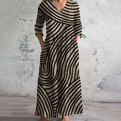 Variant image for Vintage Streifenkleid Damen mit V-Ausschnitt, Knöchellänge und Funktionalen Taschen-1