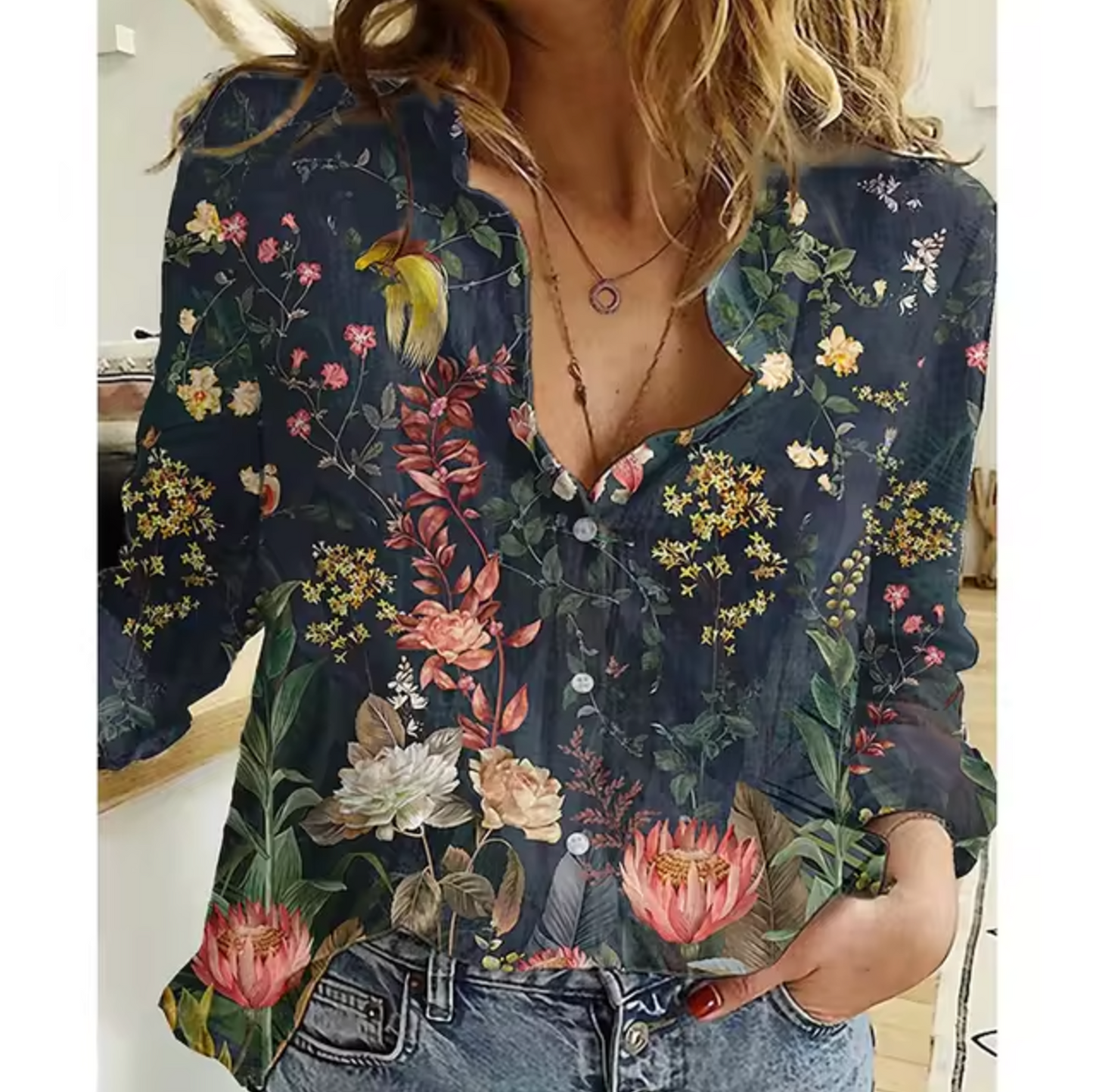 Blumenmusterbluse - Leichte Langarm Damenbluse für Sommerausflüge-2