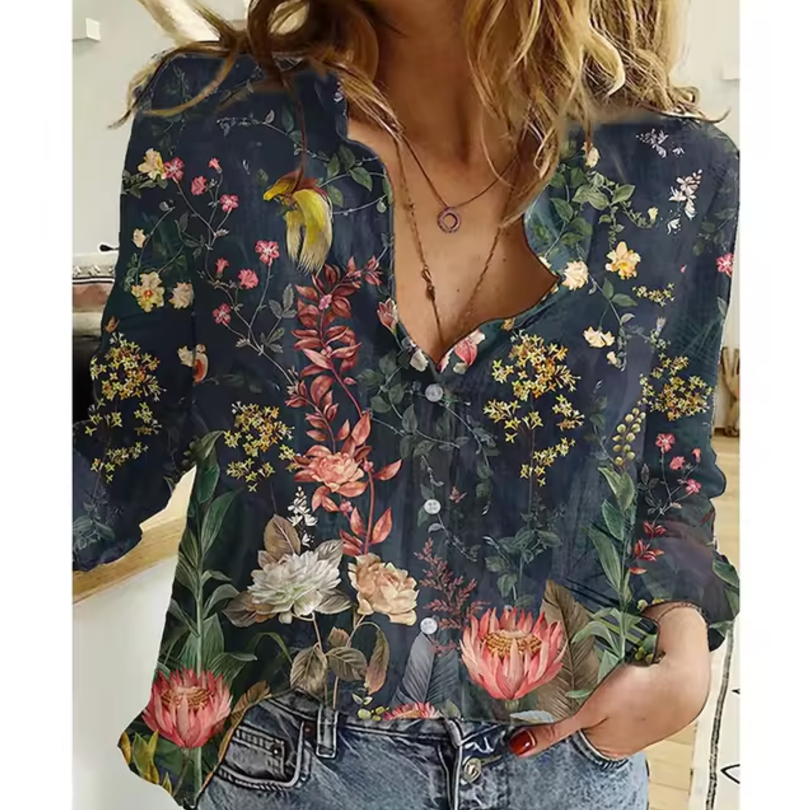 Blumenmusterbluse - Leichte Langarm Damenbluse für Sommerausflüge-2