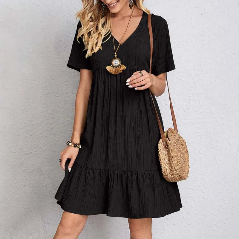 Variant image for Lässiges V-Ausschnitt A-Linien Mini-Kleid Damen, Kurze Ärmel, Bequemer Stretchstoff, Ideal für Sommerveranstaltungen-19