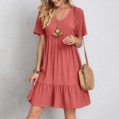 Variant image for Lässiges V-Ausschnitt A-Linien Mini-Kleid Damen, Kurze Ärmel, Bequemer Stretchstoff, Ideal für Sommerveranstaltungen-13