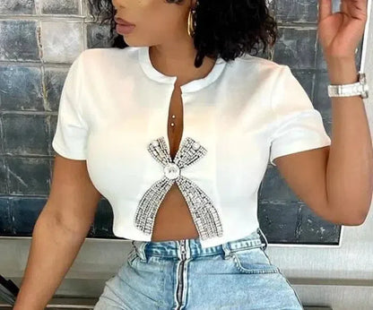 Strass Damen T-Shirt Mit Niedrigem Ausschnitt Und Schlanker Passform – Elegantes Oberteil Für Glamouröse Anlässe-3
