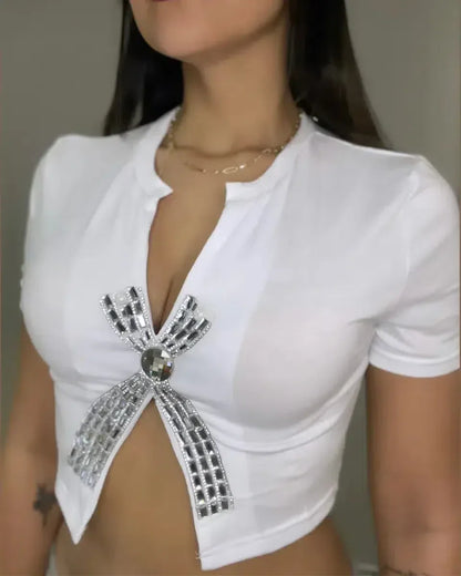 Strass Damen T-Shirt Mit Niedrigem Ausschnitt Und Schlanker Passform – Elegantes Oberteil Für Glamouröse Anlässe-4