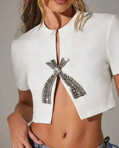 Strass Damen T-Shirt Mit Niedrigem Ausschnitt Und Schlanker Passform – Elegantes Oberteil Für Glamouröse Anlässe-6