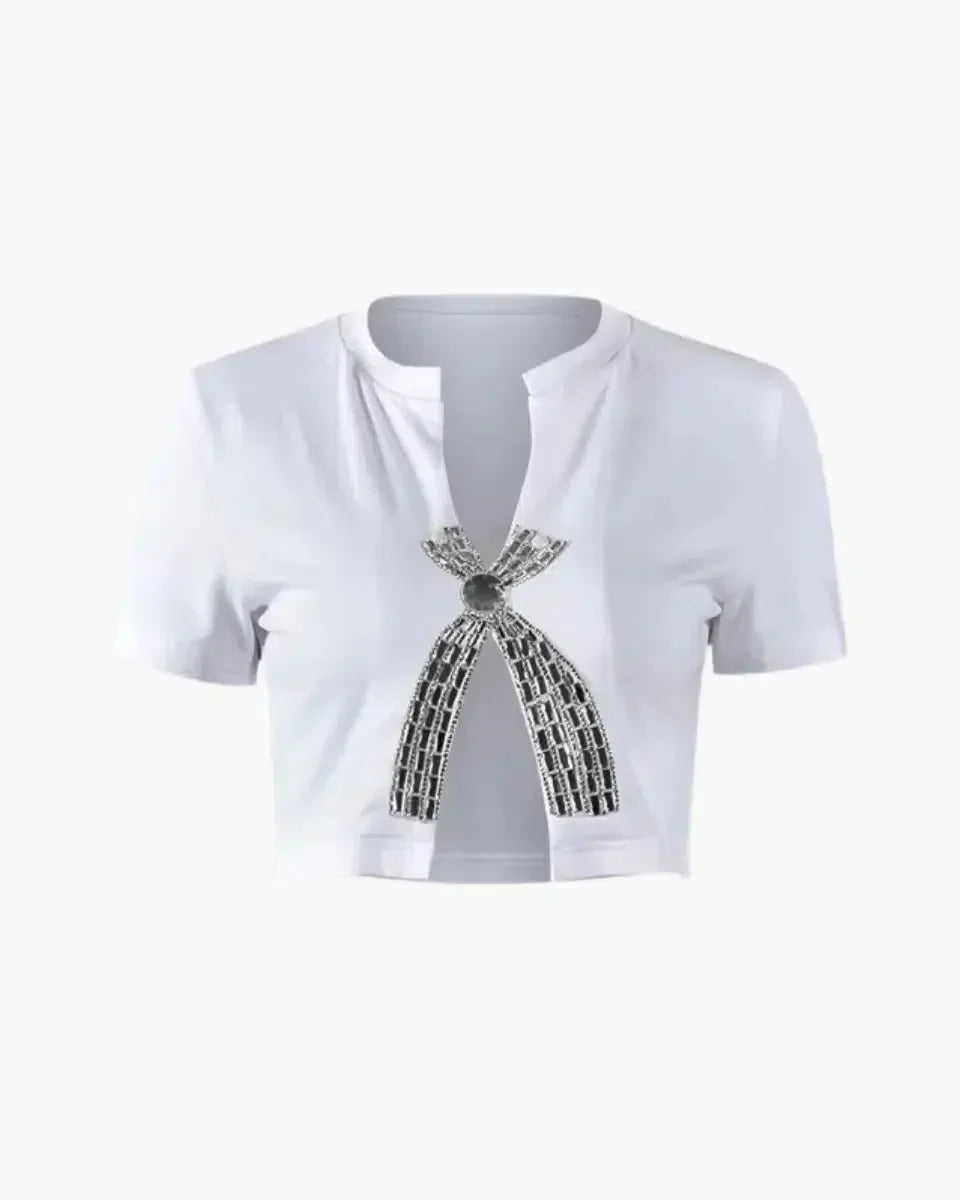 Strass Damen T-Shirt Mit Niedrigem Ausschnitt Und Schlanker Passform – Elegantes Oberteil Für Glamouröse Anlässe-1