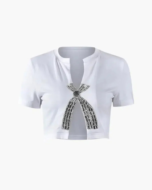 Strass Damen T-Shirt Mit Niedrigem Ausschnitt Und Schlanker Passform – Elegantes Oberteil Für Glamouröse Anlässe-1