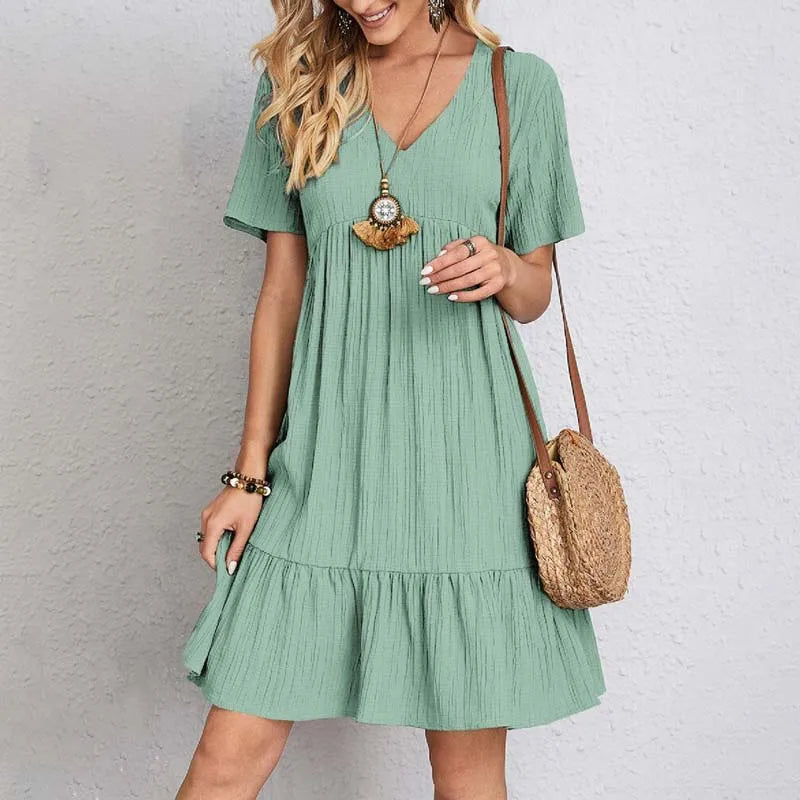 Variant image for Lässiges V-Ausschnitt A-Linien Mini-Kleid Damen, Kurze Ärmel, Bequemer Stretchstoff, Ideal für Sommerveranstaltungen-25