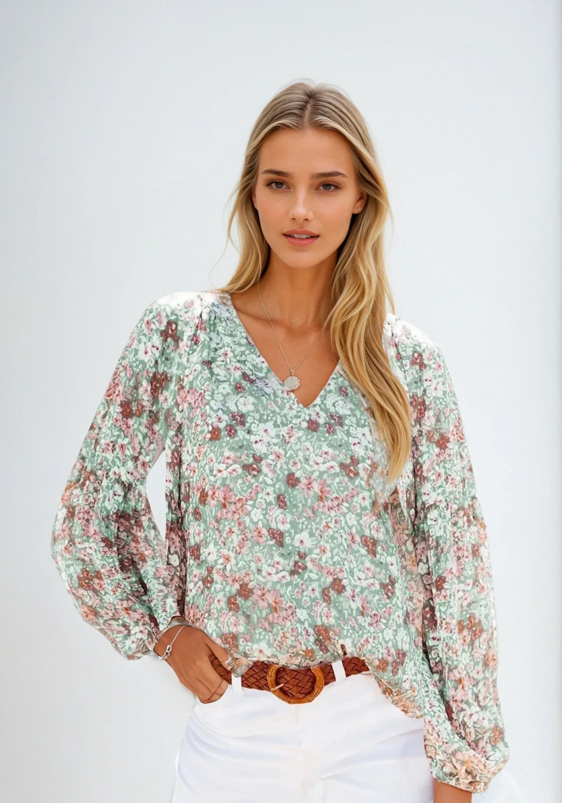 Variant image for Blumendruckbluse für Damen, Leichtes Sommertop, Plus Size Casual Locker Fit, Damen Blusen-19