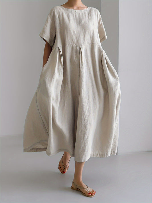 Atmungsaktives Damen Maxikleid – kurzärmlig, Leinen, für Frühling und Sommer 0