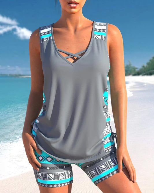 Atmungsaktives Damen Tankini – geometrisches Muster, hochwertiges Material, für Strand und Pool 0