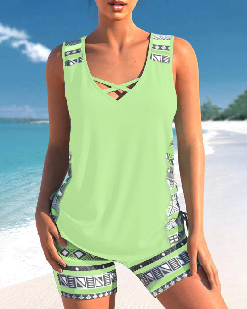 Atmungsaktives Damen Tankini – geometrisches Muster, hochwertiges Material, für Strand und Pool 10