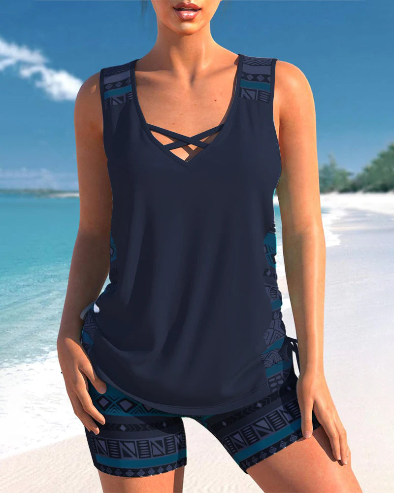 Atmungsaktives Damen Tankini – geometrisches Muster, hochwertiges Material, für Strand und Pool 11