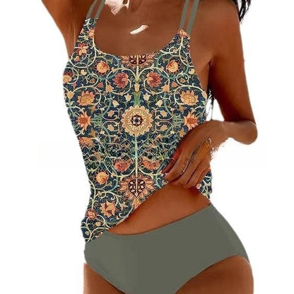 Bequemer Damen Retro-Bikini – hochgeschnitten, mit Stranddruck, für den Sommer 0