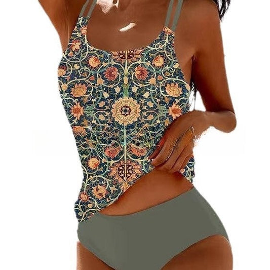 Bequemer Damen Retro-Bikini – hochgeschnitten, mit Stranddruck, für den Sommer 0