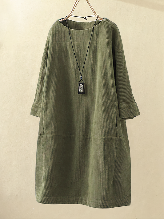 Bequemes Damen A-Linien Kleid – klassischer O-Ausschnitt, strapazierfähiges Cord, ideal für Freizeit 0