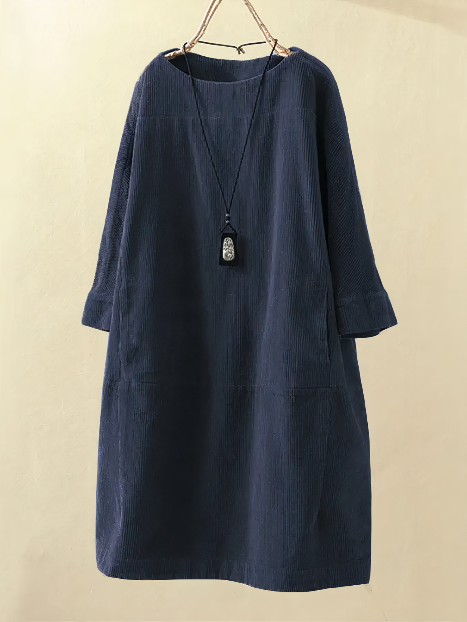 Bequemes Damen A-Linien Kleid – klassischer O-Ausschnitt, strapazierfähiges Cord, ideal für Freizeit 1