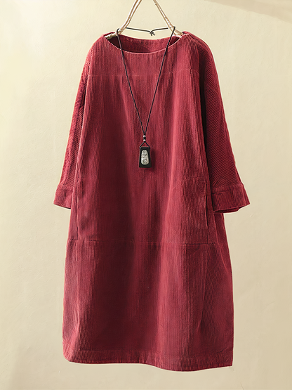 Bequemes Damen A-Linien Kleid – klassischer O-Ausschnitt, strapazierfähiges Cord, ideal für Freizeit 2