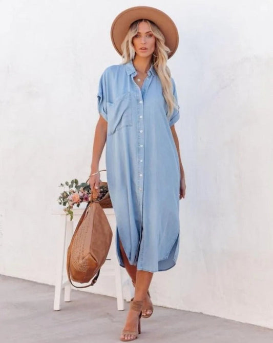 Bequemes Damen Hemdkleid aus Denim – kurzärmlig, strapazierfähig, für den Alltag 0