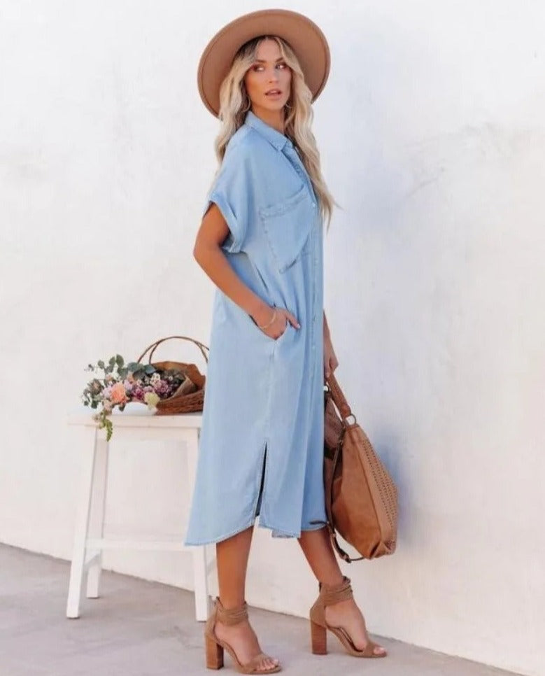 Bequemes Damen Hemdkleid aus Denim – kurzärmlig, strapazierfähig, für den Alltag 1