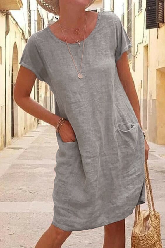 Bequemes Damen Kleid – lässiges Sackkleid, Baumwolle und Leinen, für den Sommer 0
