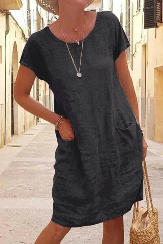 Bequemes Damen Kleid – lässiges Sackkleid, Baumwolle und Leinen, für den Sommer 2