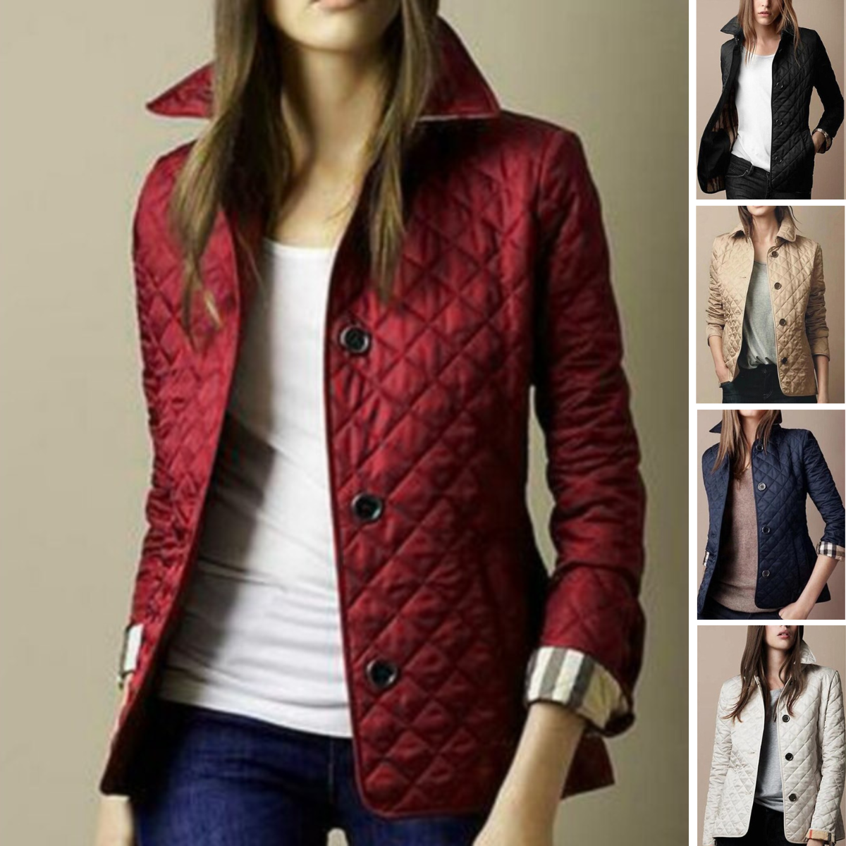 Women’s Diamond Quilted Bomber Jacket Chic Button-Up with Foldable Cuffs