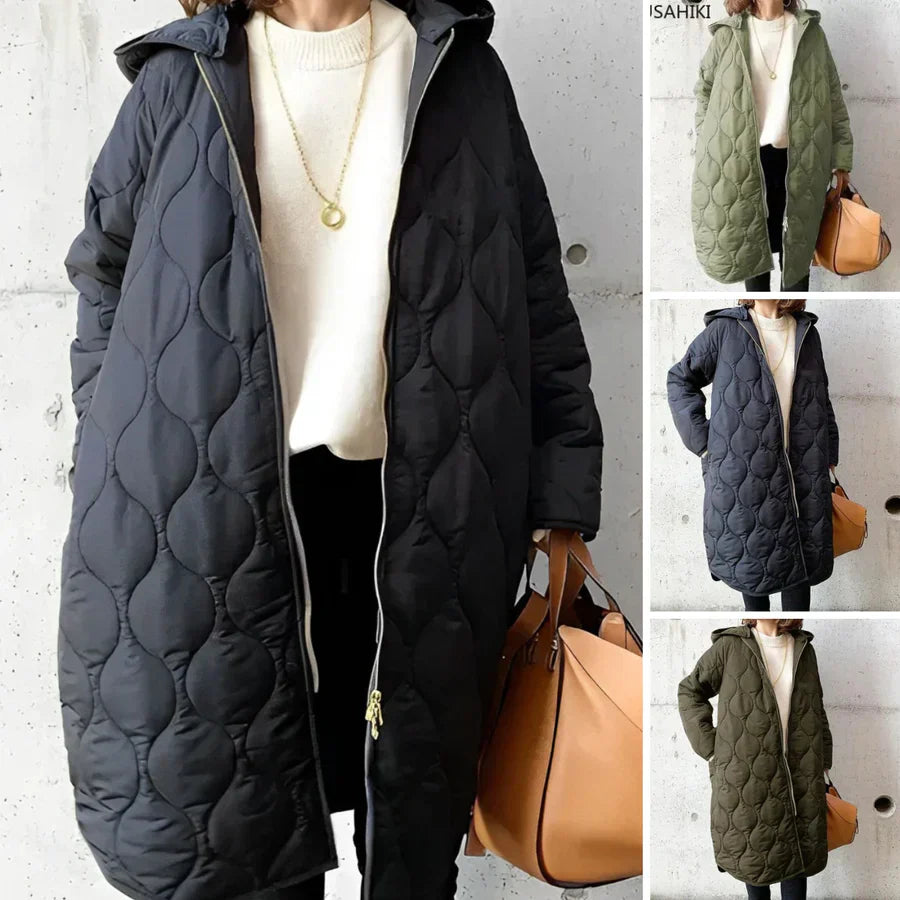 Women’s Long Quilted Coat with Hood Stylish Full-Zip Design