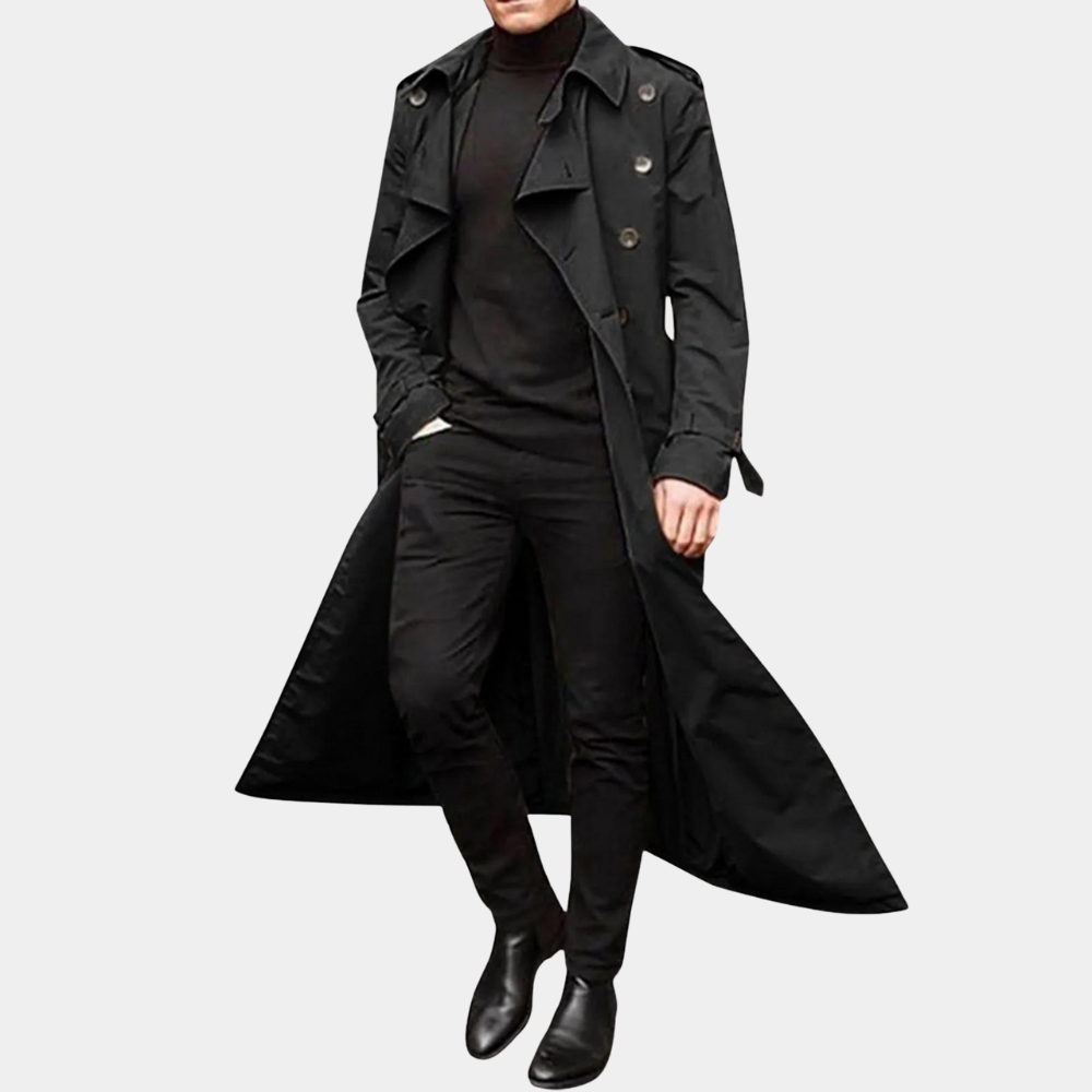 Men’s Classic Long Trench Coat Double-Breasted Design with Adjustable Belt