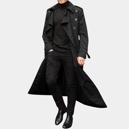 Men’s Classic Long Trench Coat Double-Breasted Design with Adjustable Belt