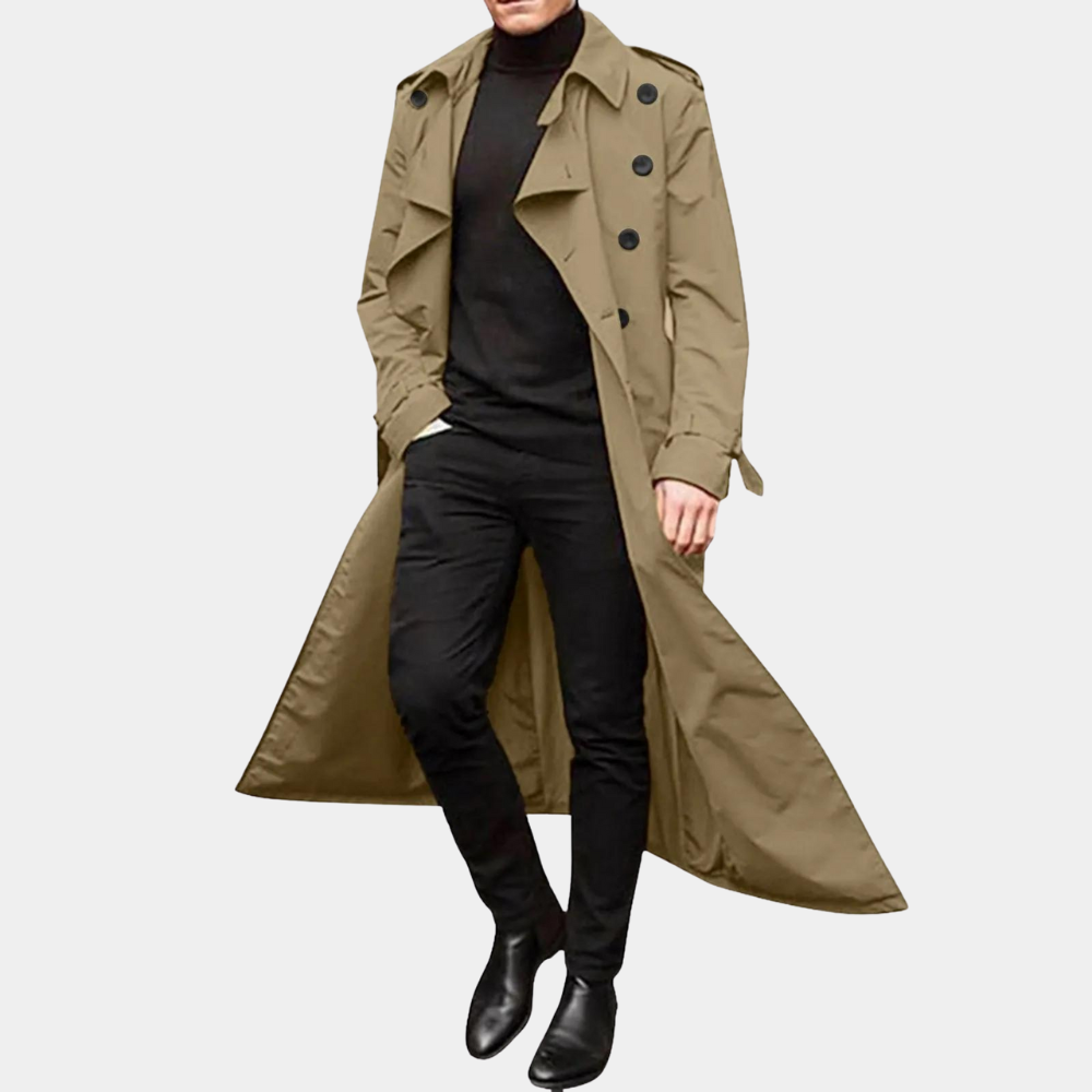 Men’s Classic Long Trench Coat Double-Breasted Design with Adjustable Belt