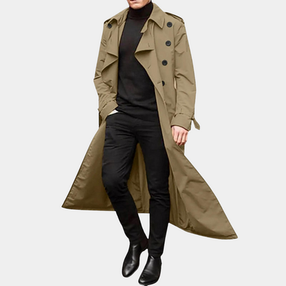 Men’s Classic Long Trench Coat Double-Breasted Design with Adjustable Belt