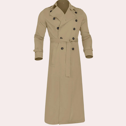 Men’s Classic Long Trench Coat Double-Breasted Design with Adjustable Belt