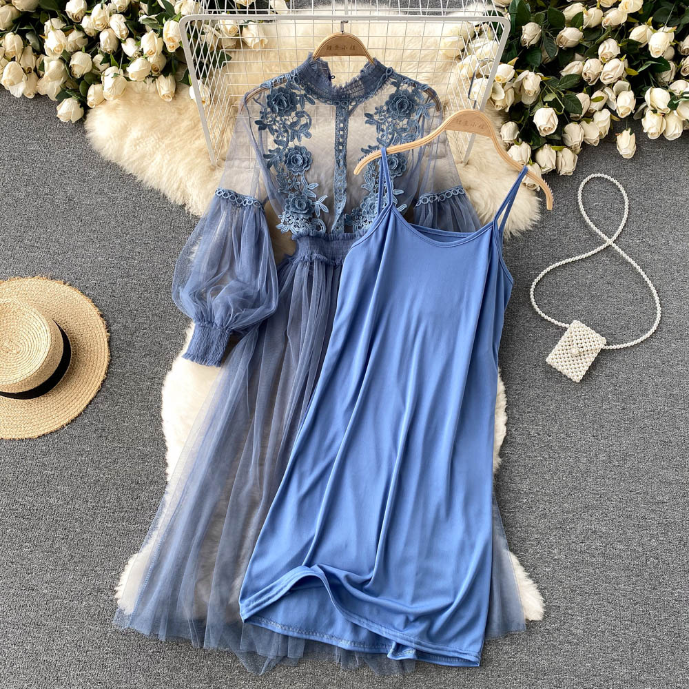 Elegantes Blumenmidi-Kleid Damen mit Laternenärmeln und aufrechtem Kragen – Ideal für Festliche Anlässe und Hochzeitsgäste