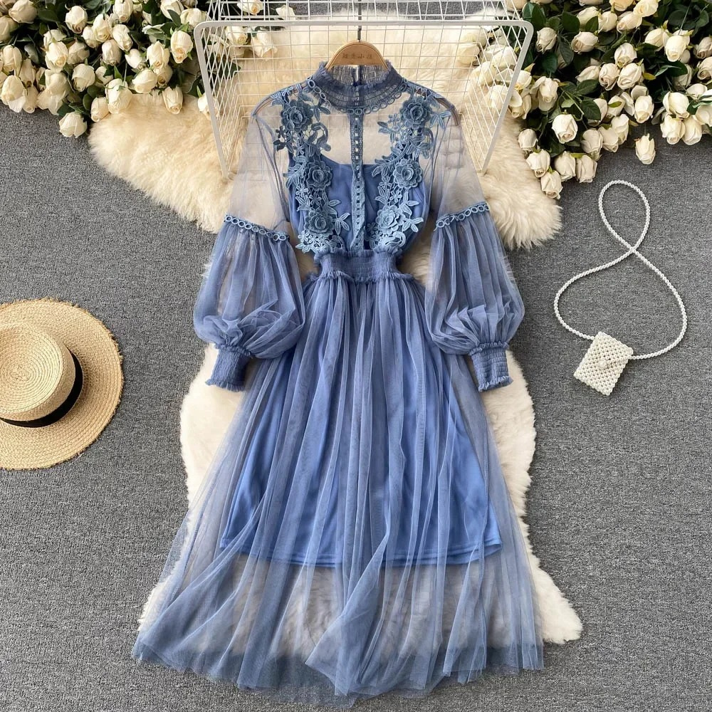 Variant image for Elegantes Blumenmidi-Kleid Damen mit Laternenärmeln und aufrechtem Kragen – Ideal für Festliche Anlässe und Hochzeitsgäste-6