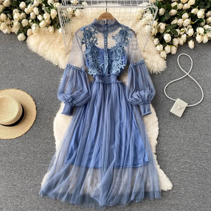 Variant image for Elegantes Blumenmidi-Kleid Damen mit Laternenärmeln und aufrechtem Kragen – Ideal für Festliche Anlässe und Hochzeitsgäste-6