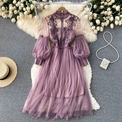 Variant image for Elegantes Blumenmidi-Kleid Damen mit Laternenärmeln und aufrechtem Kragen – Ideal für Festliche Anlässe und Hochzeitsgäste-1