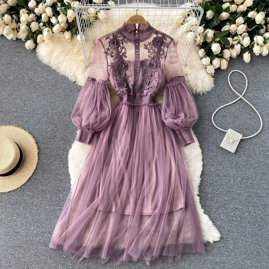 Elegantes Blumenmidi-Kleid Damen mit Laternenärmeln und aufrechtem Kragen – Ideal für Festliche Anlässe und Hochzeitsgäste