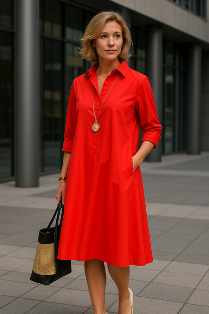 A-Linien Polo-Kleid Damen 3/4-Ärmel Leichtes Frühlingskleid in Rot Schwarz Weiß