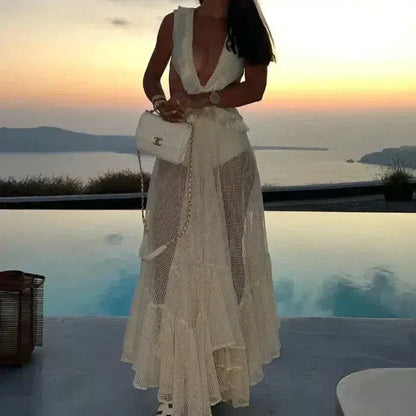 Elegantes Maxikleid für Damen aus Chiffon mit offenem Rücken und Sterndetail – Perfekt für Hochzeitsgast und festliche Anlässe