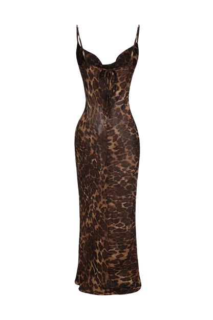 Leopardenmuster Maxikleid Sommer Damen Mit Verstellbarem Gürtel, Lange Kleider Bodycon Silhouette