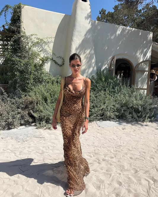 Leopardenmuster Maxikleid Sommer Damen Mit Verstellbarem Gürtel, Lange Kleider Bodycon Silhouette