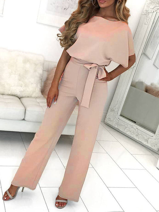 Fließender Damen Jumpsuit – kurzer Ärmel, Rüschengürtel, aus Polyester, für elegante Anlässe 0