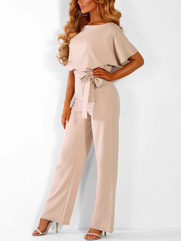Fließender Damen Jumpsuit – kurzer Ärmel, Rüschengürtel, aus Polyester, für elegante Anlässe 1